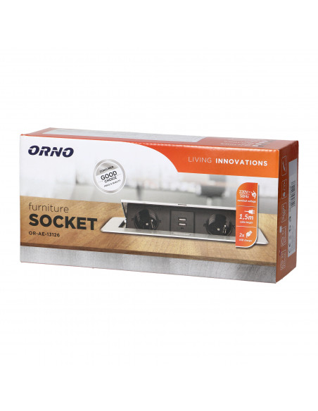  Gniazda meblowe wpuszczane w blat z płaskim frezowanym rantem, ładowarką USB i przewodem 1,5m, 2x2P+Z, 2xUSB,...