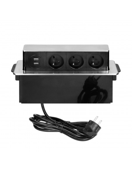  Gniazdo meblowe wysuwane z blatu z płaskim frezowanym rantem, ładowarką USB i przewodem 2m,  3 gniazda typ E, 2 x USB...