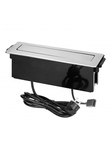  Gniazdo meblowe wysuwane z blatu z płaskim frezowanym rantem, ładowarką USB i przewodem 2m,  2x2P+Z, 2 x USB (Typ A),...