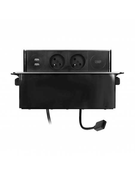  Gniazdo meblowe wysuwane z blatu z płaskim frezowanym rantem, ładowarką USB i przewodem 2m,  2x2P+Z, 2 x USB (Typ A),...