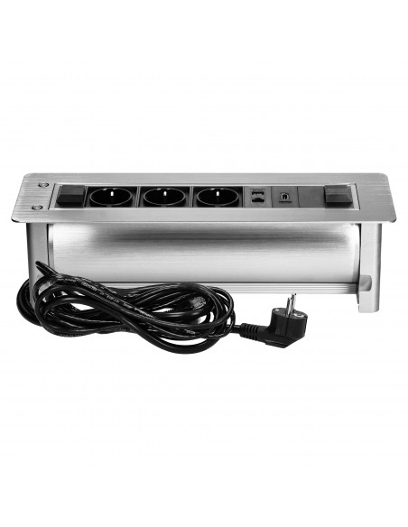 Gniazdo meblowe wpuszczane w blat z płaskim frezowanym rantem oraz elektrycznym otwieraniem, 3x2P+Z,2xNET,1xHDMI