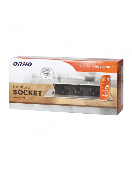 Gniazdo meblowe wpuszczane w blat z płaskim rantem, 3 gniazdami 2P+Z (Schuko) oraz przewodem 1,5m (3x1,5mm²), srebrne