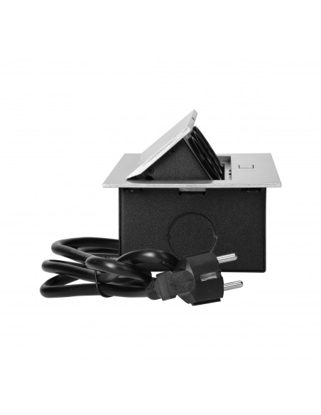 Gniazdo meblowe wpuszczane w blat z płaskim rantem, 3 gniazdami 2P+Z (Schuko) oraz przewodem 1,5m (3x1,5mm²), srebrne