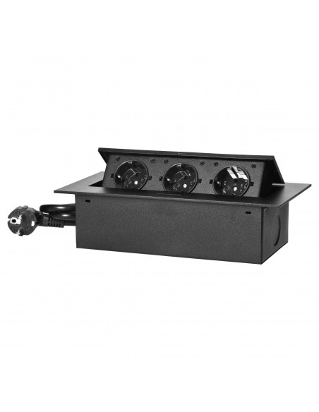 Gniazdo meblowe wpuszczane w blat z płaskim rantem, 3 gniazdami 2P+Z (Schuko) oraz przewodem 1,5m (3x1,5mm²), czarne