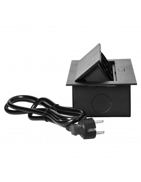 Gniazdo meblowe wpuszczane w blat z płaskim rantem, 3 gniazdami 2P+Z (Schuko) oraz przewodem 1,5m (3x1,5mm²), czarne