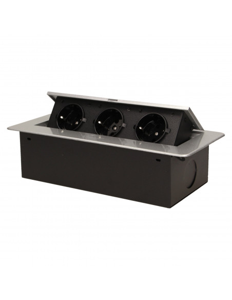 Gniazdo meblowe wpuszczane w blat z płaskim frezowanym rantem,  3x2P+Z, srebrne, wersja schuko