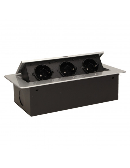 Gniazdo meblowe wpuszczane w blat z płaskim frezowanym rantem,  3x2P+Z, srebrne, wersja schuko