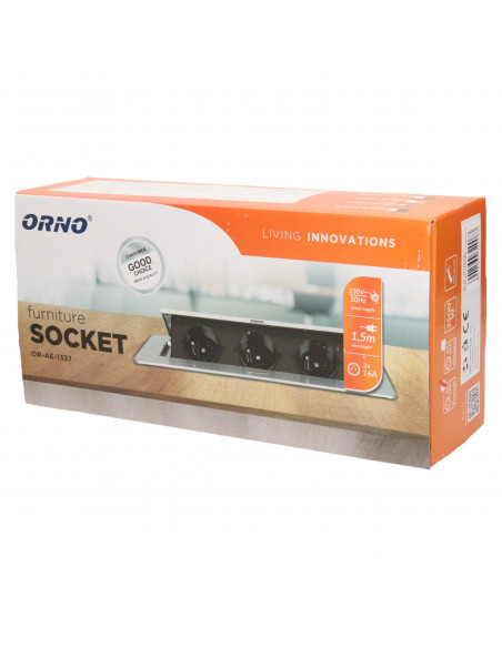 Gniazdo meblowe wpuszczane w blat z płaskim frezowanym rantem i przewodem 1,5m,  3x2P+Z, srebrne, wersja schuko