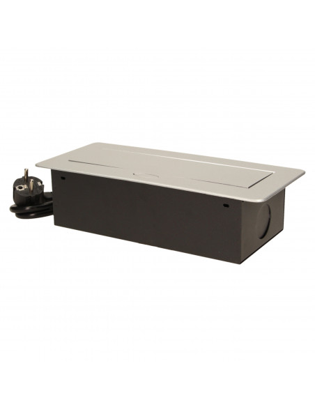 Gniazdo meblowe wpuszczane w blat z płaskim frezowanym rantem i przewodem 1,5m,  3x2P+Z, srebrne, wersja schuko