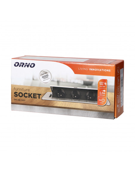 Gniazda meblowe w obudowie wpuszczanej w blat z płaskim frezowanym rantem i przewodem 1,5m, 3x2P+Z (Schuko), grafitowe