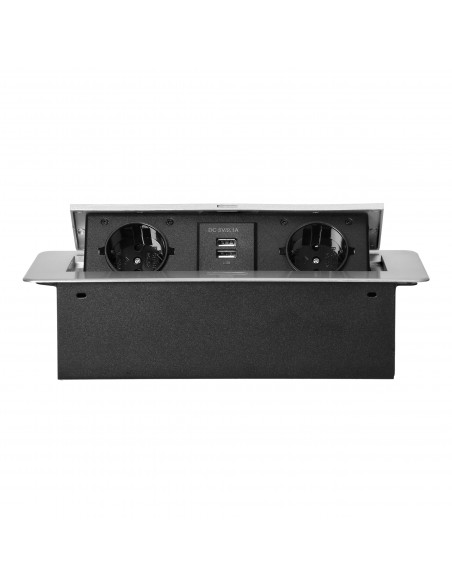 Gniazda meblowe wpuszczane w blat z płaskim frezowanym rantem i ładowarką USB, 2x2P+Z (Schuko), 2xUSB, srebrny