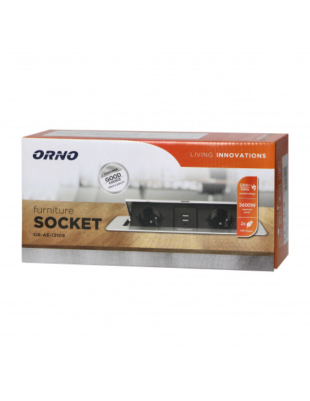 Gniazda meblowe wpuszczane w blat z płaskim frezowanym rantem i ładowarką USB, 2x2P+Z (Schuko), 2xUSB, czarny