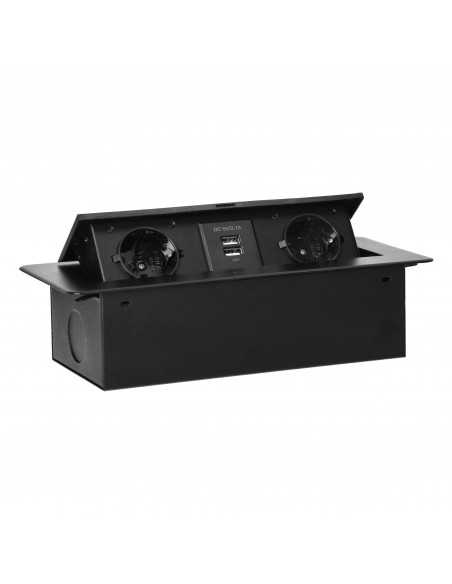 Gniazda meblowe wpuszczane w blat z płaskim frezowanym rantem i ładowarką USB, 2x2P+Z (Schuko), 2xUSB, czarny