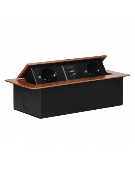 Gniazda meblowe wpuszczane w blat z płaskim frezowanym rantem i ładowarką USB, 2x2P+Z (Schuko), 2xUSB, złote