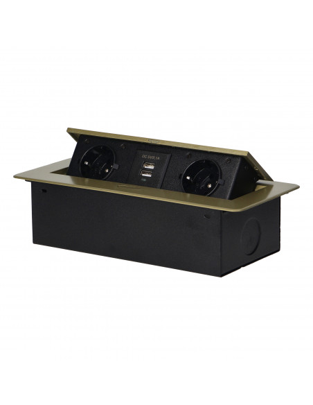 Gniazda meblowe wpuszczane w blat z płaskim frezowanym rantem i ładowarką USB, 2x2P+Z (Schuko), 2xUSB, mosiądz