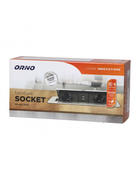 Gniazda meblowe wpuszczane w blat z płaskim frezowanym rantem i ładowarką USB, 2x2P+Z (Schuko), 2xUSB, mosiądz