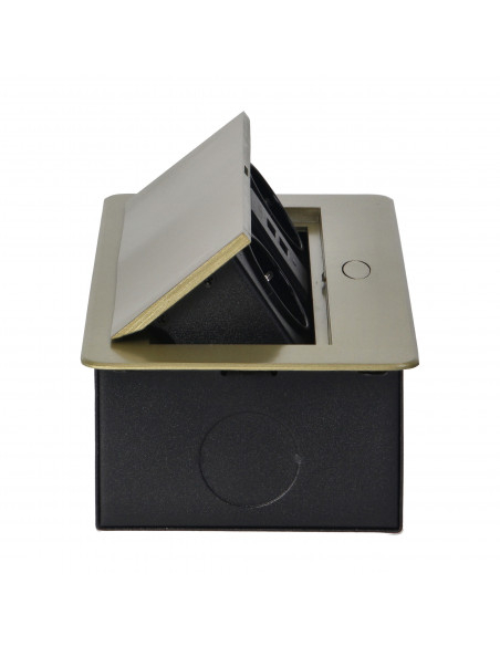 Gniazda meblowe wpuszczane w blat z płaskim frezowanym rantem i ładowarką USB, 2x2P+Z (Schuko), 2xUSB, mosiądz