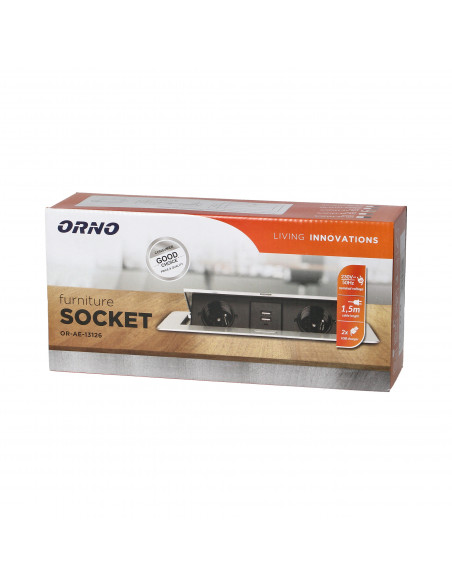  Gniazda meblowe wpuszczane w blat z płaskim frezowanym rantem, ładowarką USB i przewodem 1,5m, 2x2P+Z (Schuko),...