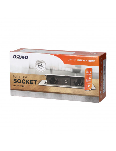  Gniazda meblowe wpuszczane w blat z płaskim frezowanym rantem, ładowarką USB i przewodem 1,5m, 2x2P+Z (Schuko),...