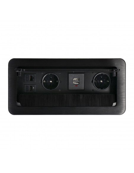  Gniazdo meblowe wpuszczane w blat z płaskim frezowanym rantem, szczotką przeciwkurzową, ładowarką USB i przewodem...