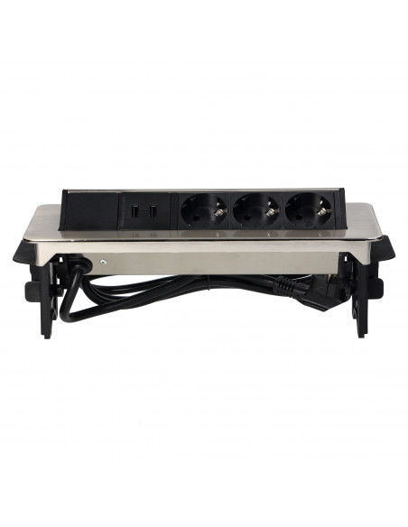 Gniazdo meblowe wpuszczane w blat w niklowanej obudowie z ładowarką USB i przewodem 1,8m, 3x2P+Z (Schuko), 2xUSB