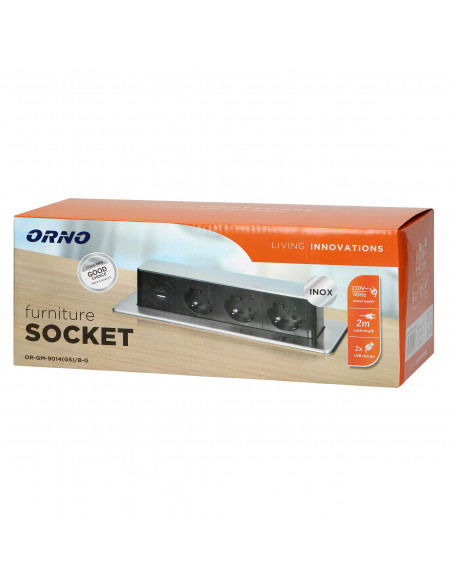  Gniazdo meblowe wysuwane z blatu z płaskim frezowanym rantem, ładowarką USB i przewodem 2m, 3 gniazda typ F, 2 x USB...