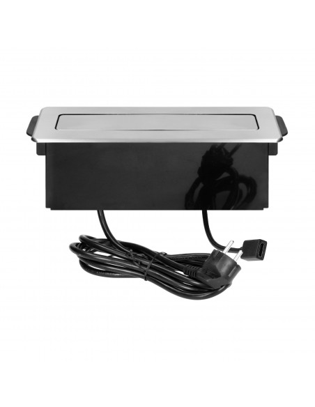  Gniazdo meblowe wysuwane z blatu z płaskim frezowanym rantem, ładowarką USB i przewodem 2m,  2x2P+Z (Schuko), 2 x USB...