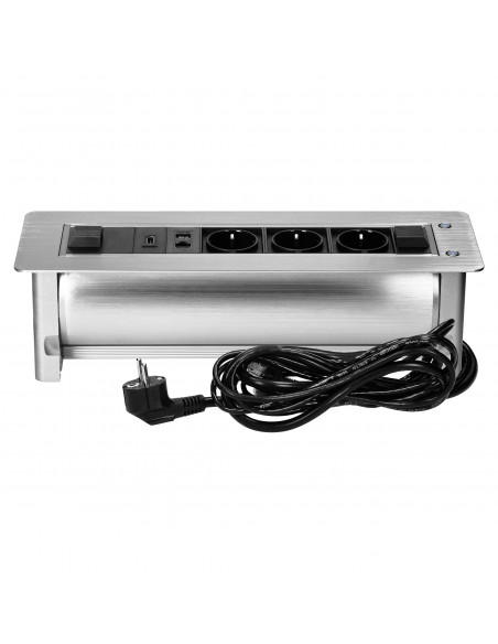  Gniazdo meblowe wpuszczane w blat z płaskim frezowanym rantem oraz elektrycznym otwieraniem, 3x2P+Z (Schuko),...