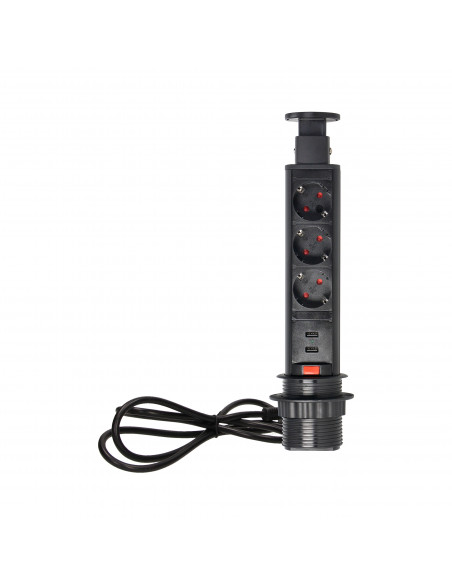 Gniazdo meblowe Ø6cm wysuwane z blatu z ładowarką USB, blokadą i przewodem 1,8m, 3x2P+Z, czarne