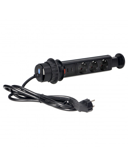Gniazdo meblowe Ø6cm wysuwane z blatu z ładowarką USB, blokadą i przewodem 1,8m, 3x2P+Z, czarne