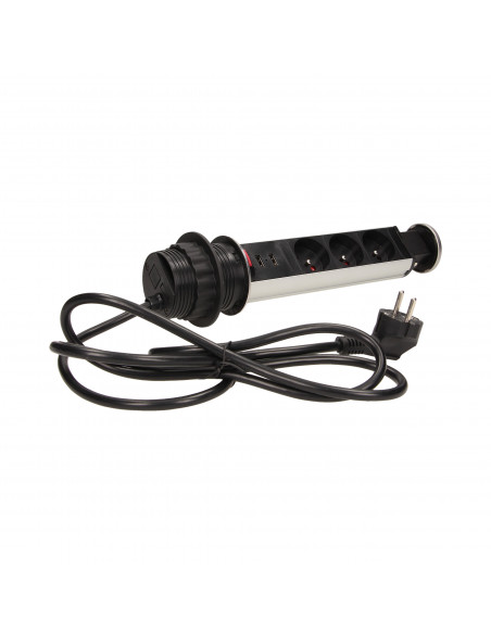 Gniazdo meblowe Ø6cm wysuwane z blatu z ładowarką USB, blokadą i przewodem 1,8m, 3x2P+Z, 2xUSB, INOX