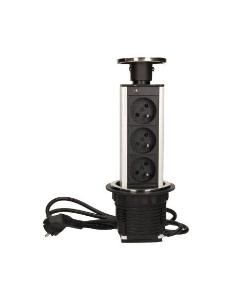 Gniazdo meblowe Ø8cm wysuwane z blatu z przewodem 1,8m, 3x2P+Z, INOX