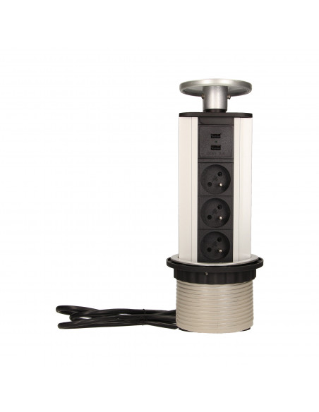Gniazdo meblowe Ø10cm wysuwane z blatu z ładowarką USB i przewodem 1,8m, 3x2P+Z, 2xUSB