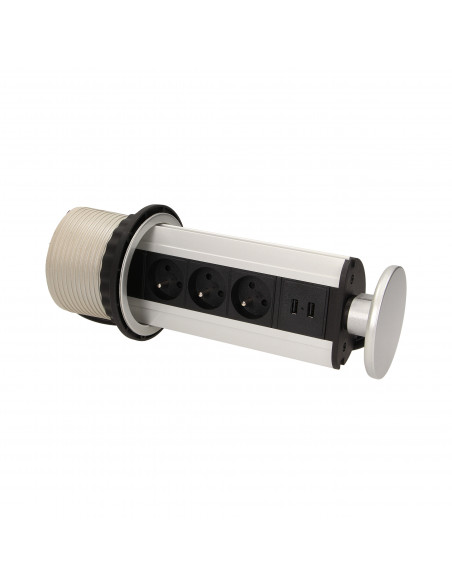 Gniazdo meblowe Ø10cm wysuwane z blatu z ładowarką USB i przewodem 1,8m, 3x2P+Z, 2xUSB