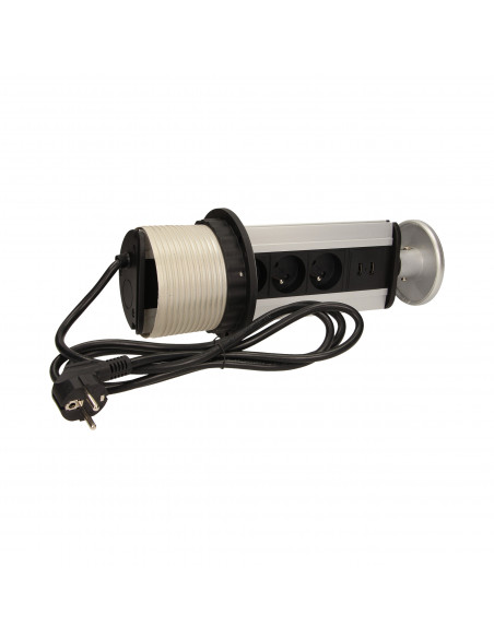 Gniazdo meblowe Ø10cm wysuwane z blatu z ładowarką USB i przewodem 1,8m, 3x2P+Z, 2xUSB
