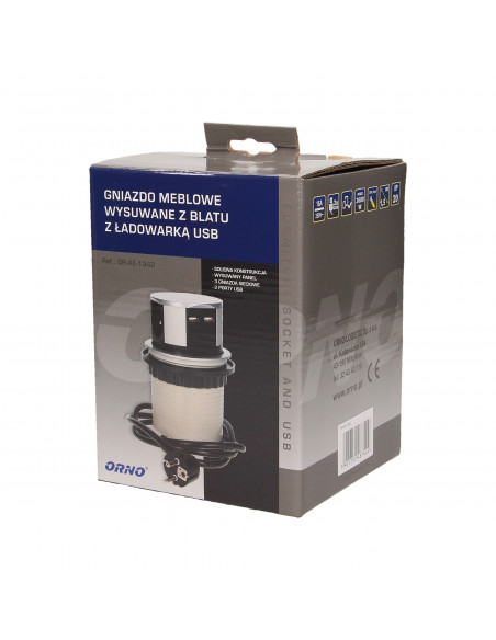 Gniazdo meblowe Ø10cm wysuwane z blatu z ładowarką USB i przewodem 1,5m, 3x2P+Z, 2xUSB