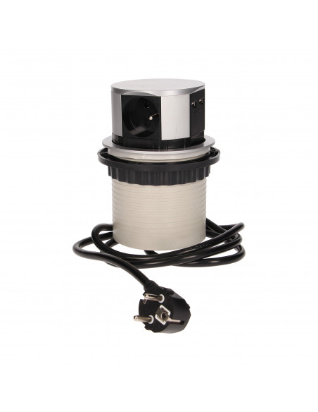 Gniazdo meblowe Ø10cm wysuwane z blatu z ładowarką USB i przewodem 1,5m, 3x2P+Z, 2xUSB