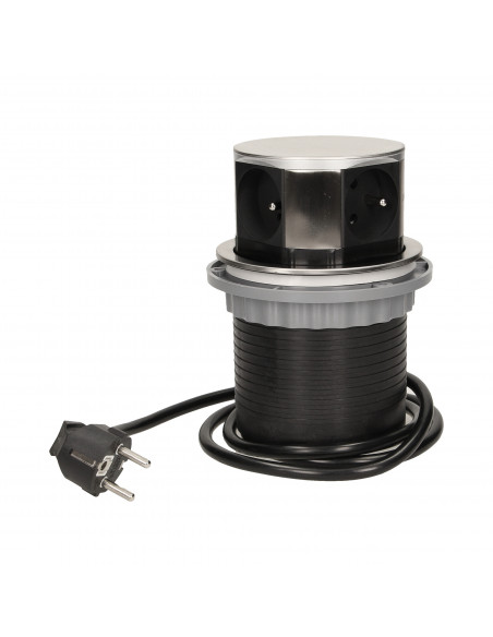 Gniazdo meblowe Ø10cm wysuwane z blatu z przewodem 1,5m, 4x2P+Z, INOX
