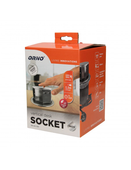 Gniazdo meblowe Ø10cm wysuwane z blatu z ładowarką USB i przewodem 1,5m, 3x2P+Z, 2xUSB, INOX