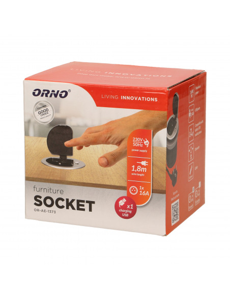 Gniazdo meblowe Ø6cm wpuszczane w blat z pokrywką, ładowarką USB i przewodem 1,8m, 1x2P+Z, 1xUSB