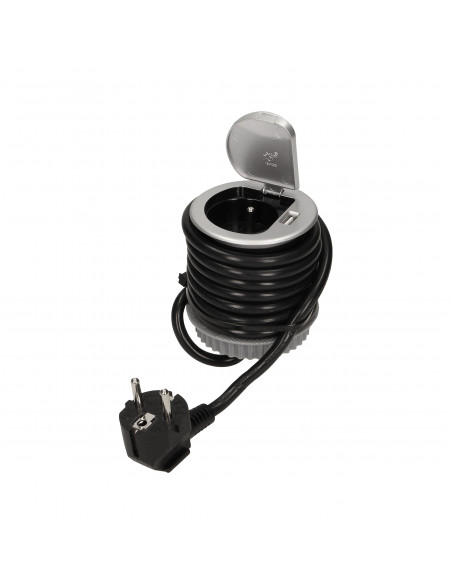 Gniazdo meblowe Ø6cm wpuszczane w blat z pokrywką, ładowarką USB i przewodem 1,8m, 1x2P+Z, 1xUSB