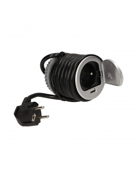 Gniazdo meblowe Ø6cm wpuszczane w blat z pokrywką, ładowarką USB i przewodem 1,8m, 1x2P+Z, 1xUSB