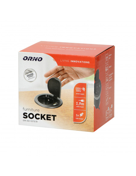 Gniazdo meblowe Ø6cm wpuszczane w blat z pokrywką, ładowarką USB i przewodem 1,9m, 1x2P+Z, 1xUSB, czarne