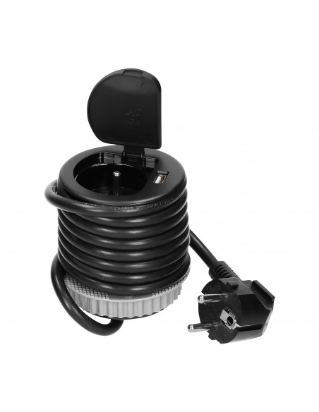 Gniazdo meblowe Ø6cm wpuszczane w blat z pokrywką, ładowarką USB i przewodem 1,9m, 1x2P+Z, 1xUSB, czarne