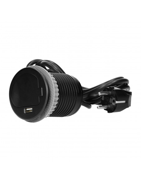Gniazdo meblowe Ø6cm wpuszczane w blat z pokrywką, ładowarką USB i przewodem 1,9m, 1x2P+Z, 1xUSB, czarne