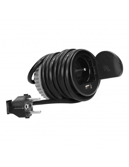 Gniazdo meblowe Ø6cm wpuszczane w blat z pokrywką, ładowarką USB i przewodem 1,9m, 1x2P+Z, 1xUSB, czarne