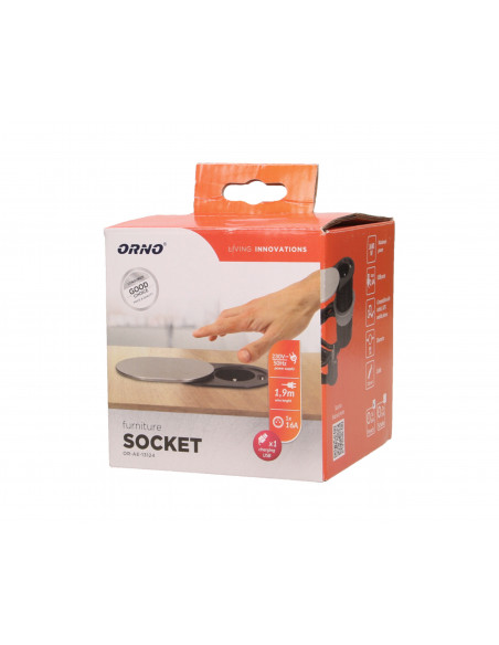  Gniazdo meblowe Ø6cm, wpuszczane w blat z przesuwną pokrywką, ładowarką USB i przewodem 1,9m, 1x2P+Z, 1xUSB (2,4A),...