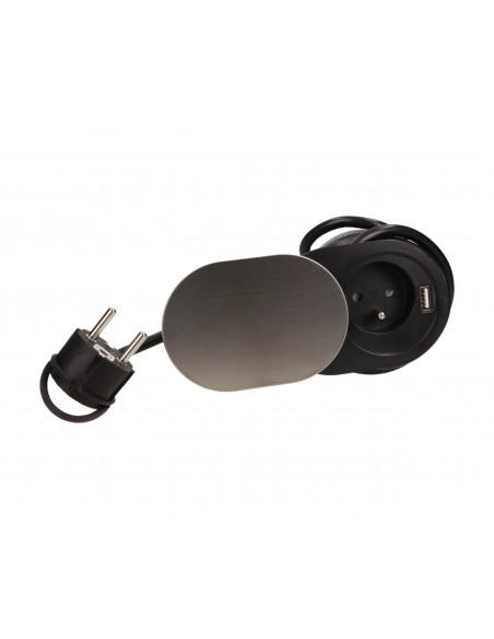  Gniazdo meblowe Ø6cm, wpuszczane w blat z przesuwną pokrywką, ładowarką USB i przewodem 1,9m, 1x2P+Z, 1xUSB (2,4A),...