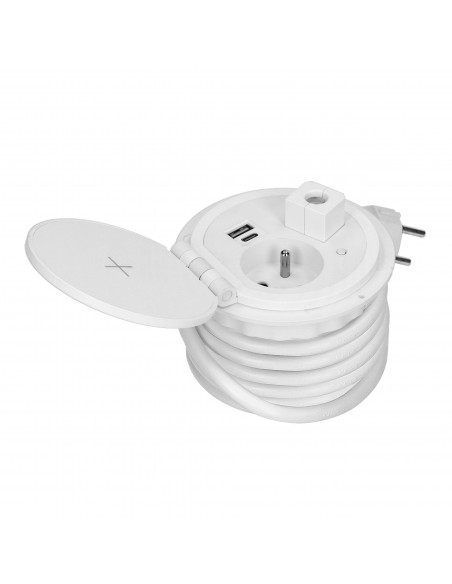  Gniazdo meblowe Ø8cm wpuszczane w blat z ładowarką indukcyjną, ładowarką USB z 2 gniazdami A i C, przelotką...