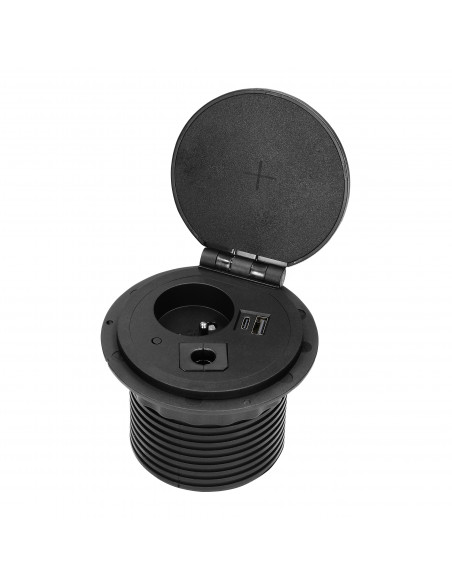  Gniazdo meblowe Ø8cm wpuszczane w blat z ładowarką indukcyjną, ładowarką USB z 2 gniazdami A i C, przelotką...